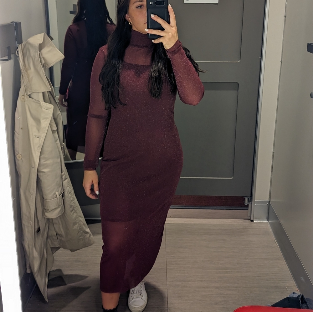 Sheer mockneck and long sleeved midi dress